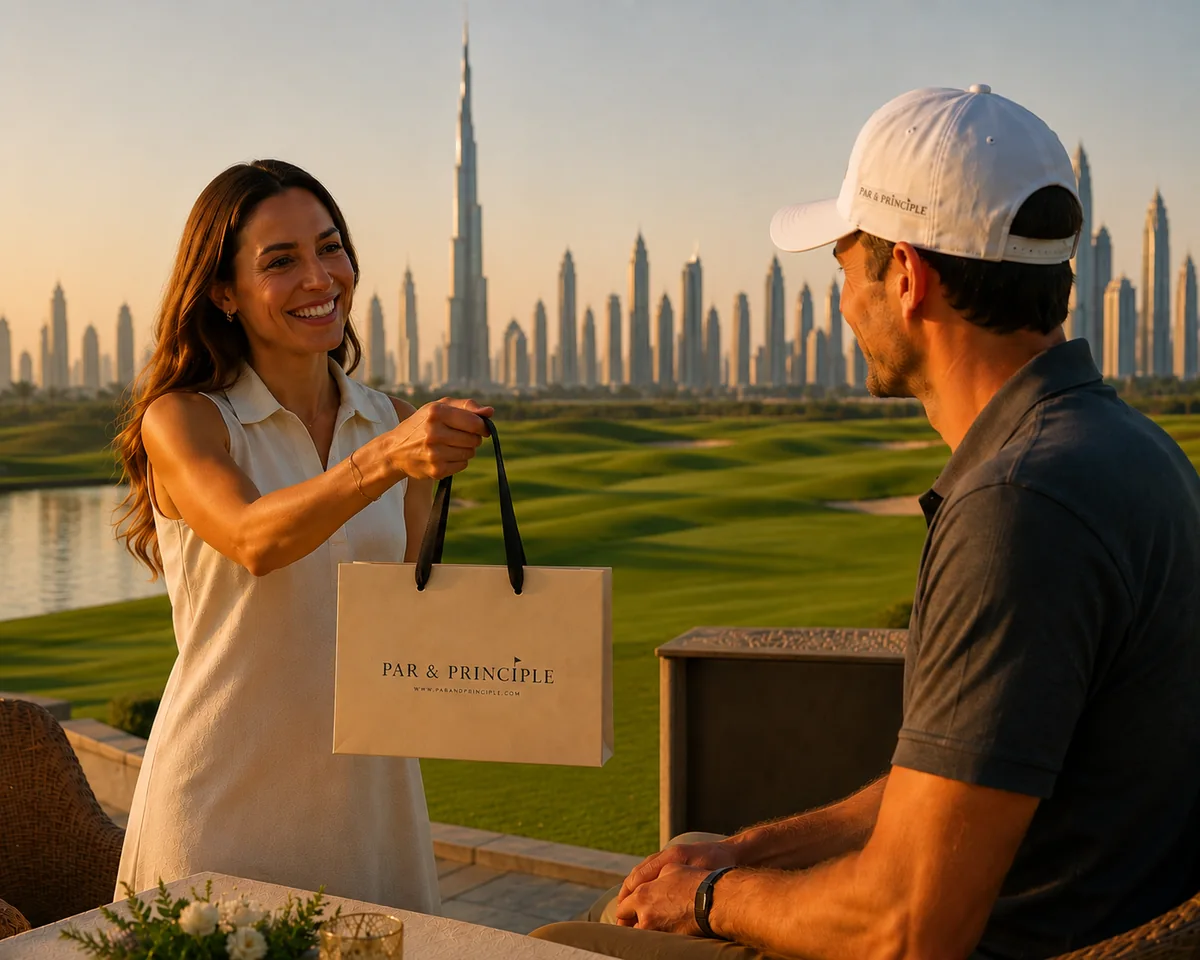 Par & Principle gift bag on a golf course terrace with the Dubai skyline