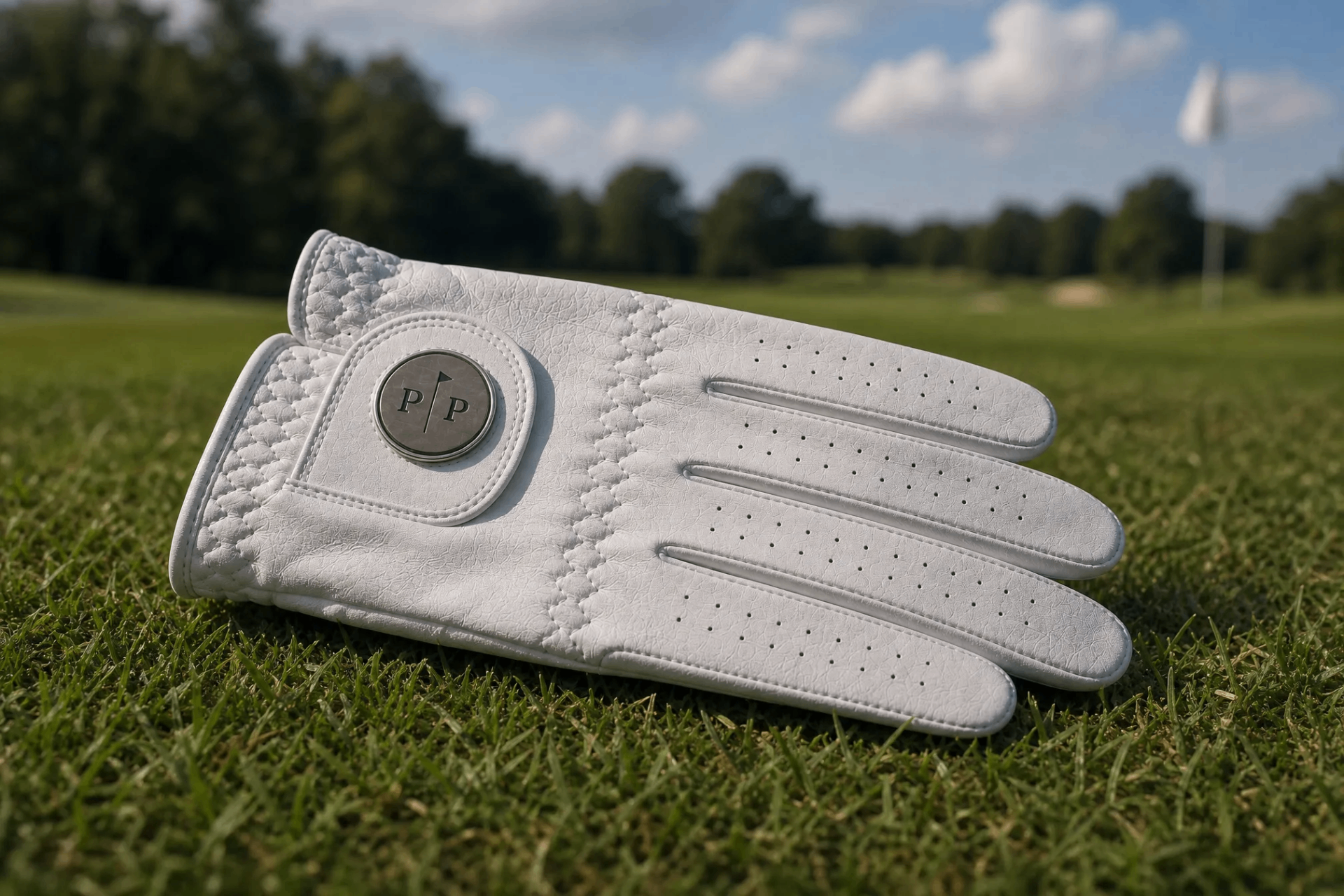 Par & Principle white Cabretta golf glove on the fairway