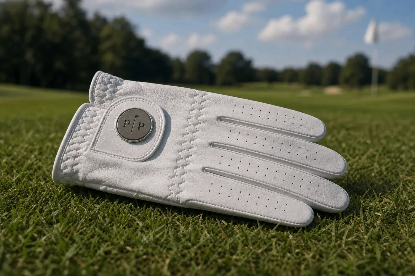 Par & Principle white Cabretta golf glove on the fairway